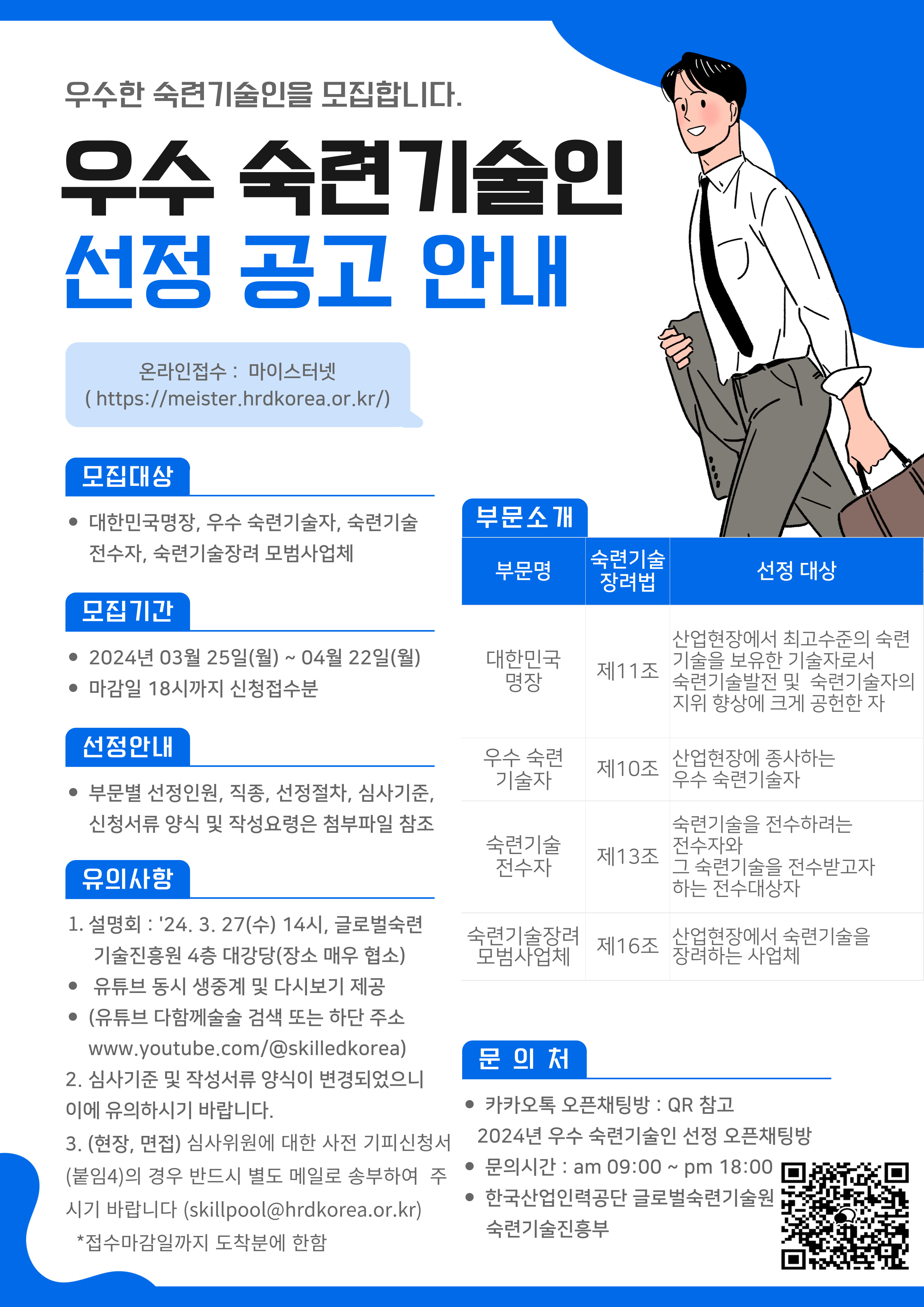 ¿ì¼ö¼÷·Ã±â¼úÀÎ ¼±Á¤°ø°í¾È³»ÀÔ´Ï´Ù. ¸ðÁý´ë»óÀº ´ëÇѹα¹¸íÀå, ¿ì¼ö¼÷·Ã±â¼úÀÚ, ¼÷·Ã±â¼úÀü¼öÀÚ, ¼÷·Ã±â¼úÀå·Á ¸ð¹ü»ç¾÷ü, ¸ðÁý±â°£Àº 2024³â 3¿ù25ÀÏ ¿ù¿äÀϺÎÅÍ 4¿ù 22ÀÏ ¿ù¿äÀϱîÁöÀÌ¸ç ¿ÀÈÄ6½Ã±îÁö ½ÅûÁ¢¼öºÐ±îÁöÀÔ´Ï´Ù. ºÎ¹®º° ¼±Á¤Àοø, Á÷Á¤, ¼±Á¤ÀýÂ÷. ½É»ç±âÁØ,½Åû¼·ù ¾ç½Ä ¹× ÀÛ¼º¿ä·ÉÀº ÷ºÎÆÄÀÏÀ» ÂüÁ¶ÇØÁֽʽÿä. °ü·Ã ¼³¸íȸ¸¦ 24³â 3¿ù27ÀÏ ¼ö¿äÀÏ 14½Ã ±Û·Î¹ú¼÷·Ã±â¼úÁøÈï¿ø 4Ãþ ´ë°´ç¿¡¼ ÁøÇàÇϳª Àå¼Ò°¡ ¸Å¿ìÇù¼ÒÇÏ´Ï À¯ÅõºêÀÇ »ýÁ߰質 ´Ù½Ãº¸±â¸¦ ÂüÁ¶ÇØÁֽʽÿä. »ï½Ã±âÁØ¹× ÀÛ¼º¼·ù ¾ç½ÄÀÌ º¯°æµÇ¾úÀ¸´Ï À¯ÀÇÇϽñ⠹ٶó¸ç ½É»çÀ§¿ø¿¡ ´ëÇÑ »çÀü ±âÆÄ½Åû¼ÀÇ °æ¿ì ¹Ýµå½Ã º°µµ ¸ÞÀÏ·Î ¼ÛºÎÇÏ¿© Áֽñ⠹ٶø´Ï´Ù. skillpoll@hrdkorea.or.kr (¸ÞÀζÇÇÑ Á¢¼ö¸¶°¨ÀϱîÁö µµÂøºÐ¿¡ ÇÑÇÔ)