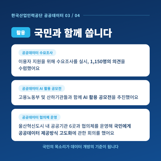 활용: 국민과 함께 씁니다. 공공데이터 활용 활동 안내. 상세 내용은 다음 대체텍스트 참고