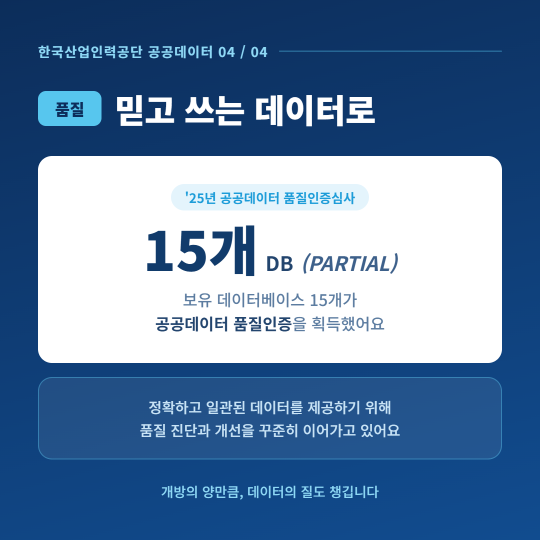 품질: 믿고 쓰는 데이터로. 공공데이터 품질인증 및 개선 안내. 상세 내용은 다음 대체텍스트 참고